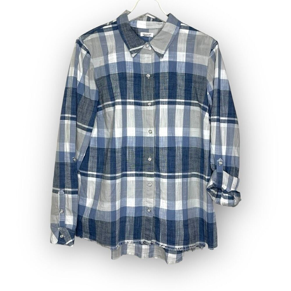 Westport Dressbarn Utility Blue Plaid Button Up Top Blouse Women’s Size L NWT